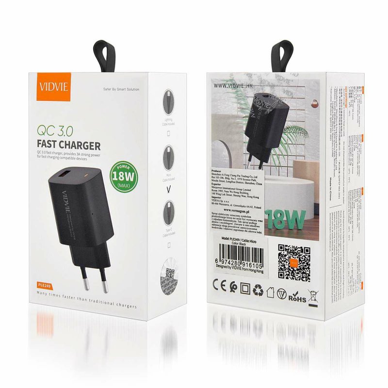 Charger Vidvie Ple249 3a Qc 3,0 18w