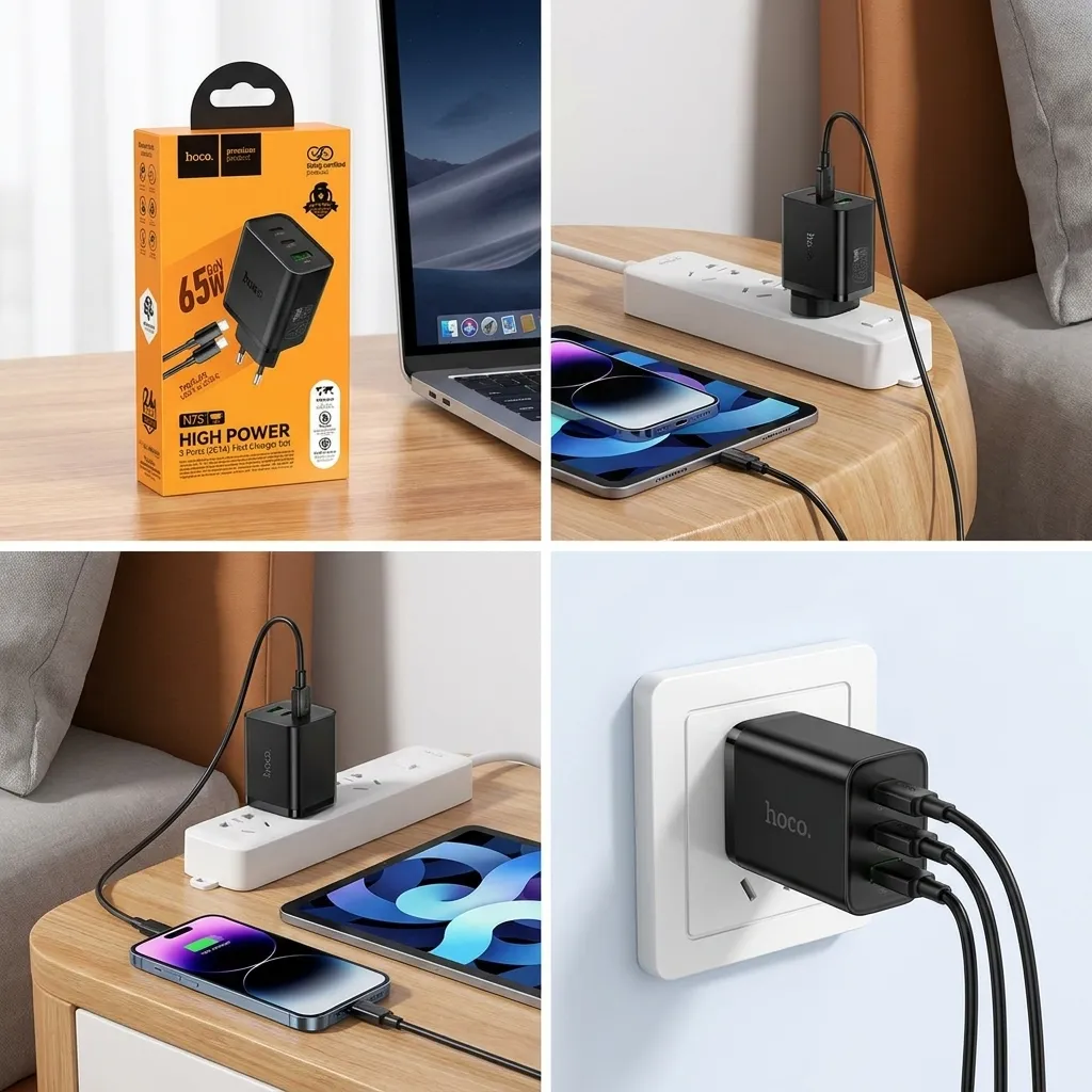 Chargeur HOCO N75 65W PD | USB-C Double + USB-A