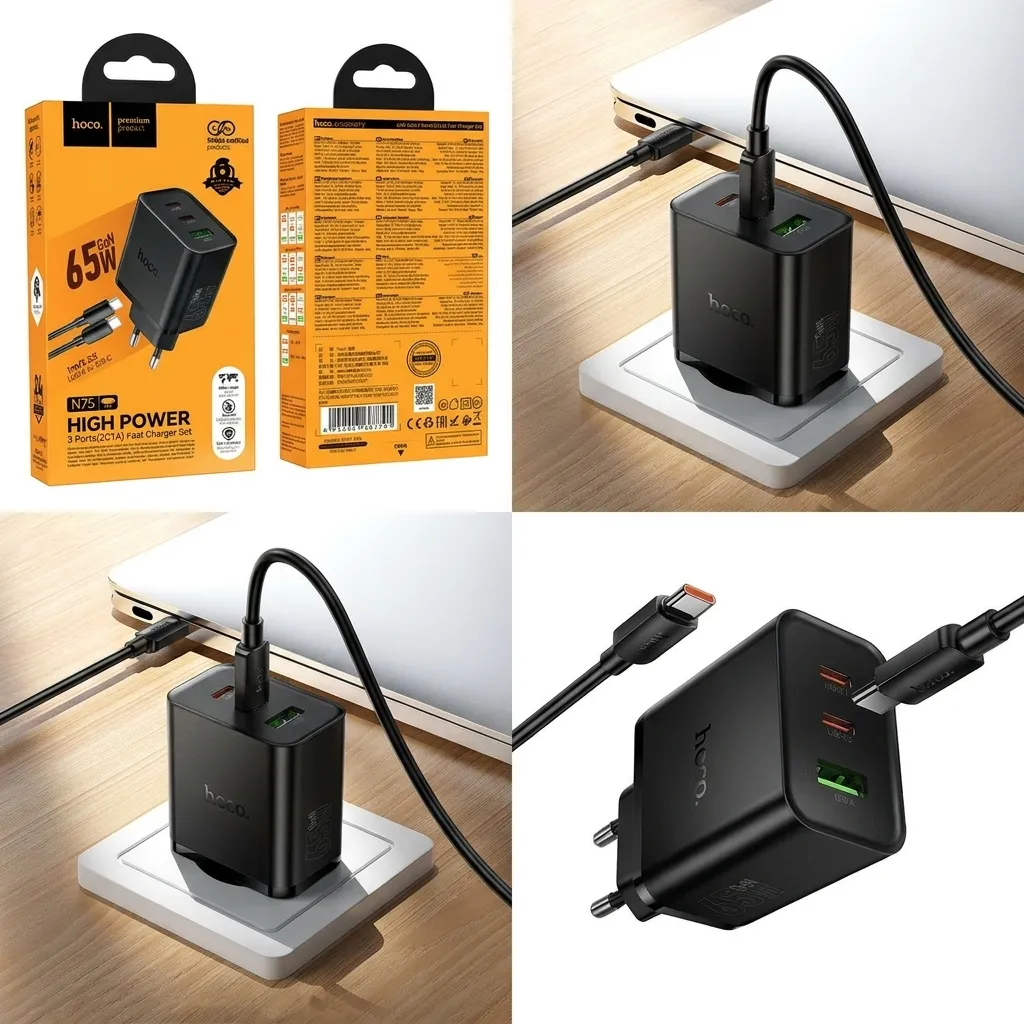 Chargeur HOCO N75 65W PD | USB-C Double + USB-A