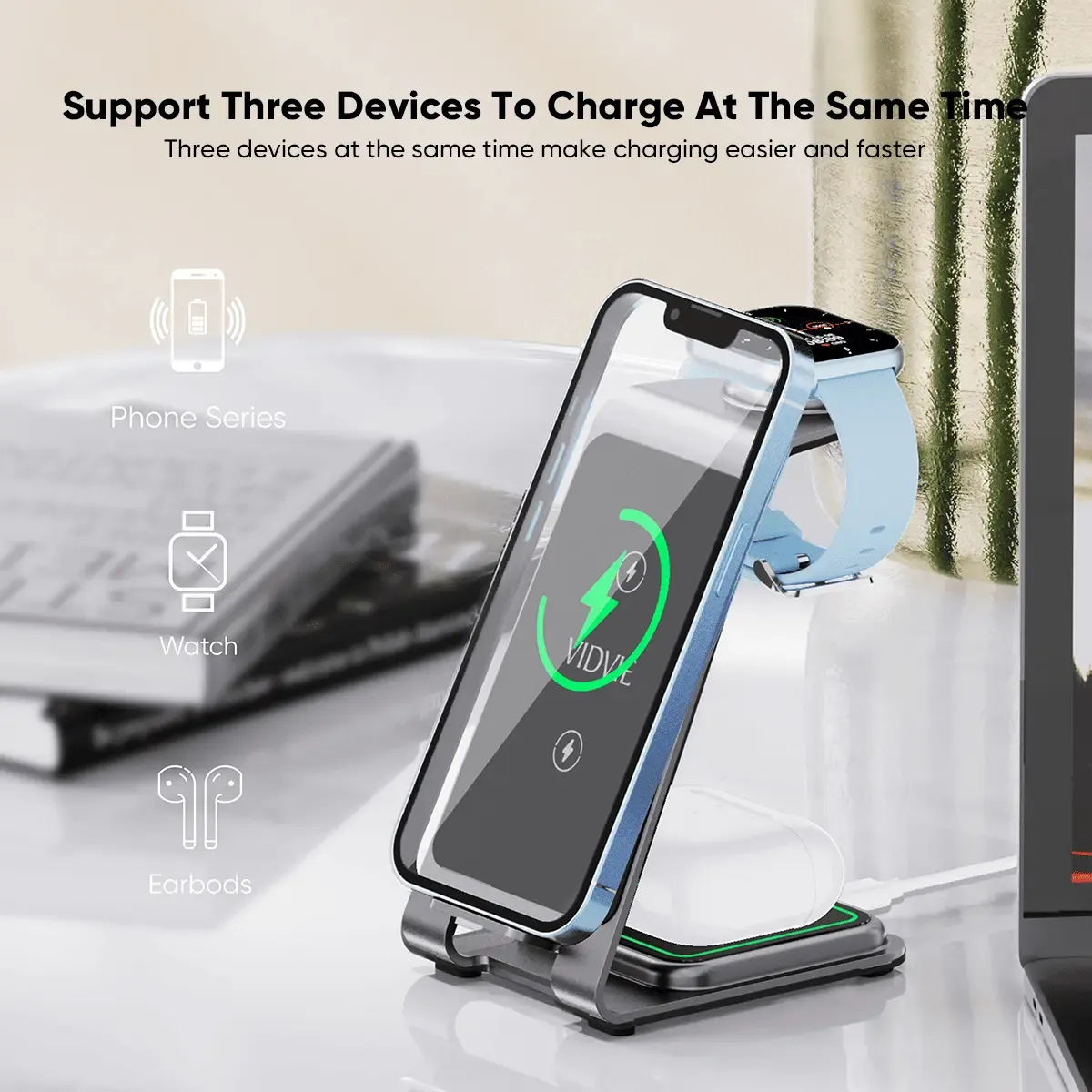 Chargeur Sans Fil Vidvie WLC1413 3-en-1 15W Magn&eacute;tique