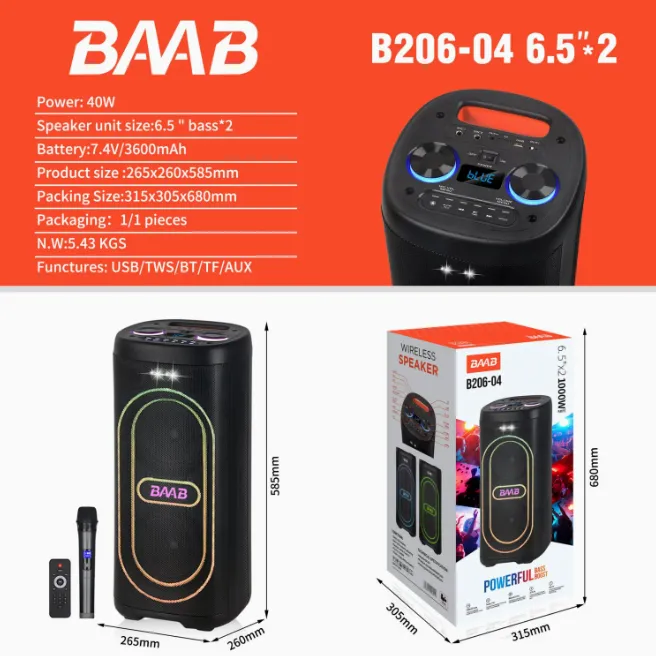 Enceinte Bluetooth B206-04 Double Subwoofer 6.5" Rechargeable